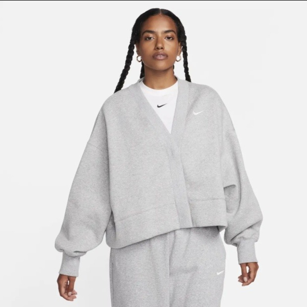 Nike Phoenix Fleece Over-Oversized Cardigan V-Neck Swoosh Logo Grey XL